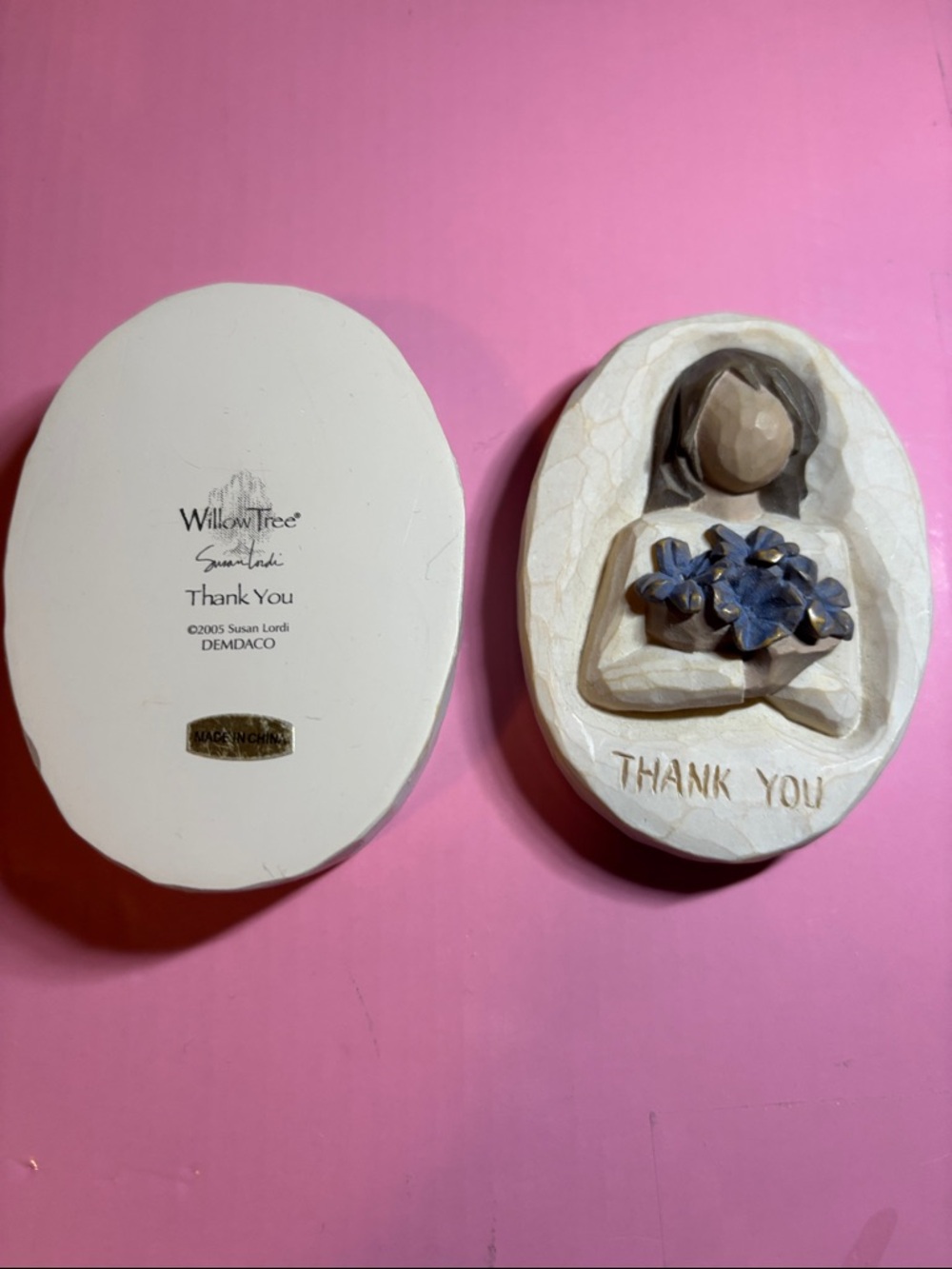 Willow Tree Oval Trinket Box w Lady & Blue Flowers-THANK YOU, INSIDE KINDNESS